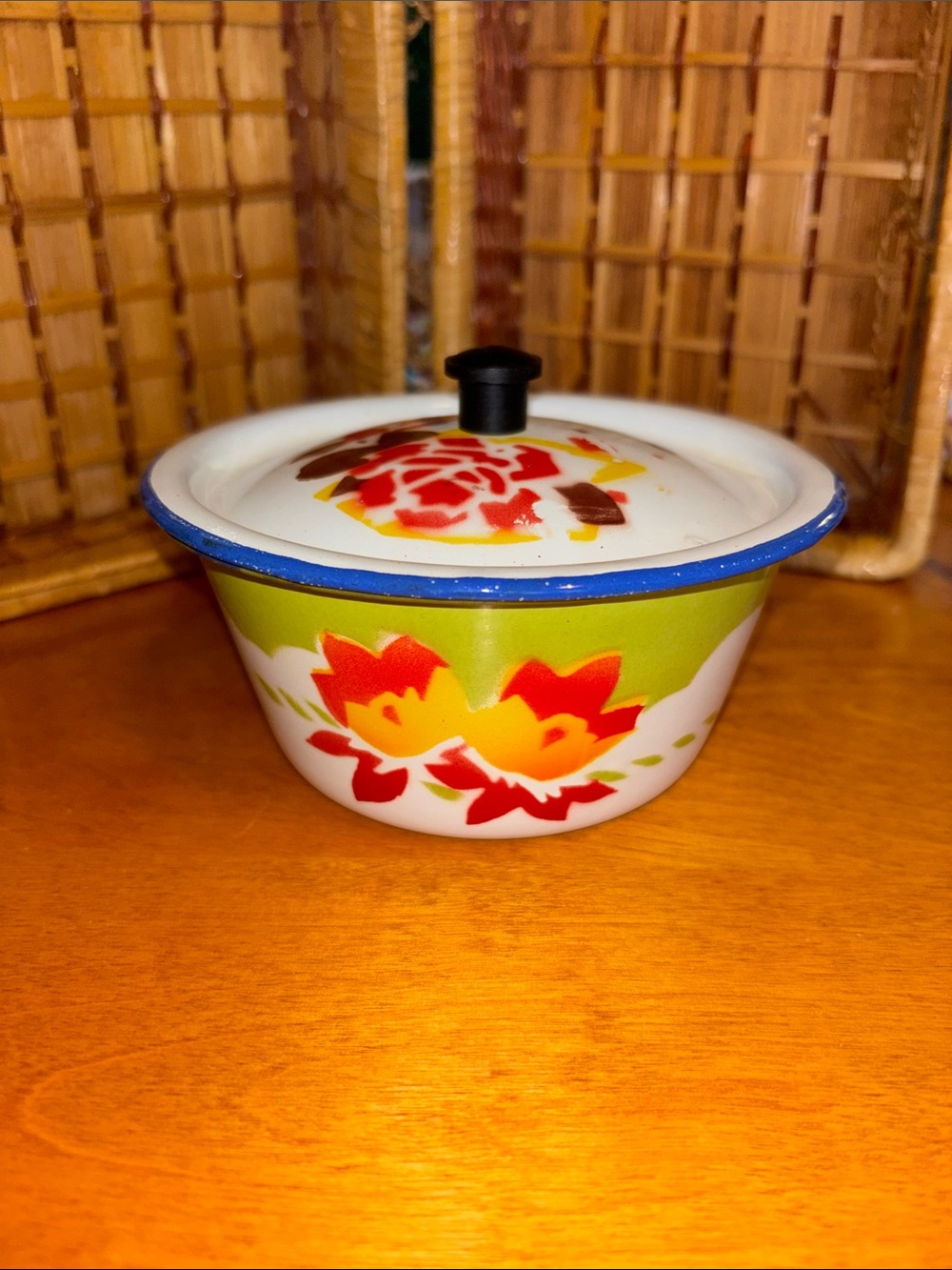 Enamel Floral Serving Bowl with Lid - Green & Red